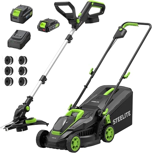 STEELITE 20V Cordless Lawn Mower & String Trimmer Combo, 13